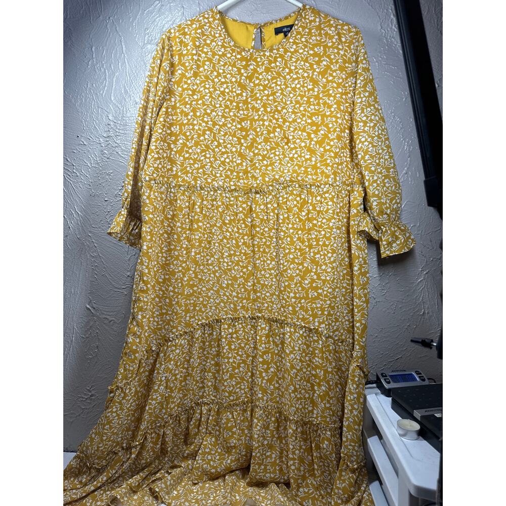 Ellos Dress Womens Peasant Long Sleeve Floral Boho Mustard Hi-Low Hem Size 16‎